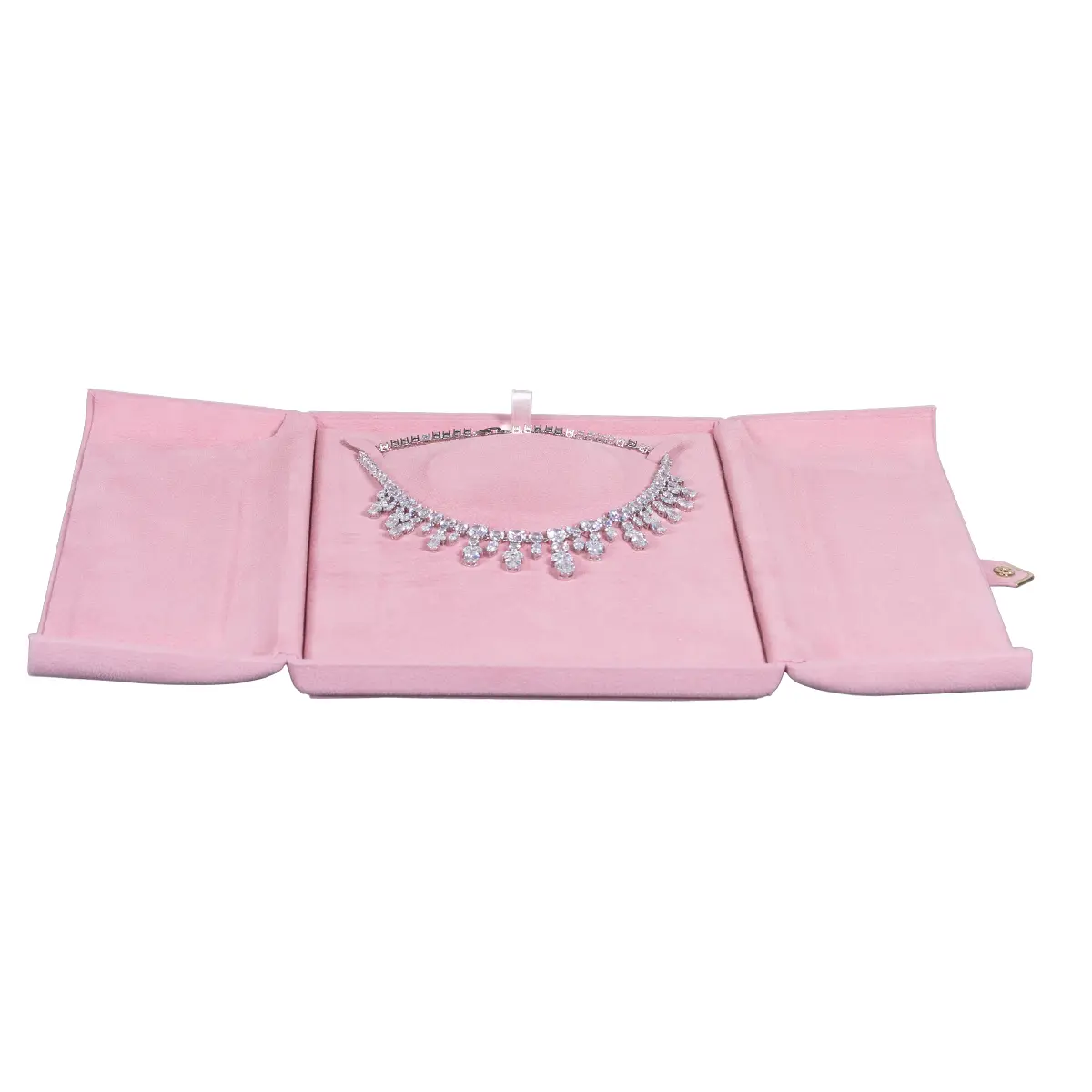 Jewellery box for necklace pink flat lay front with jewellery BXN84PI
