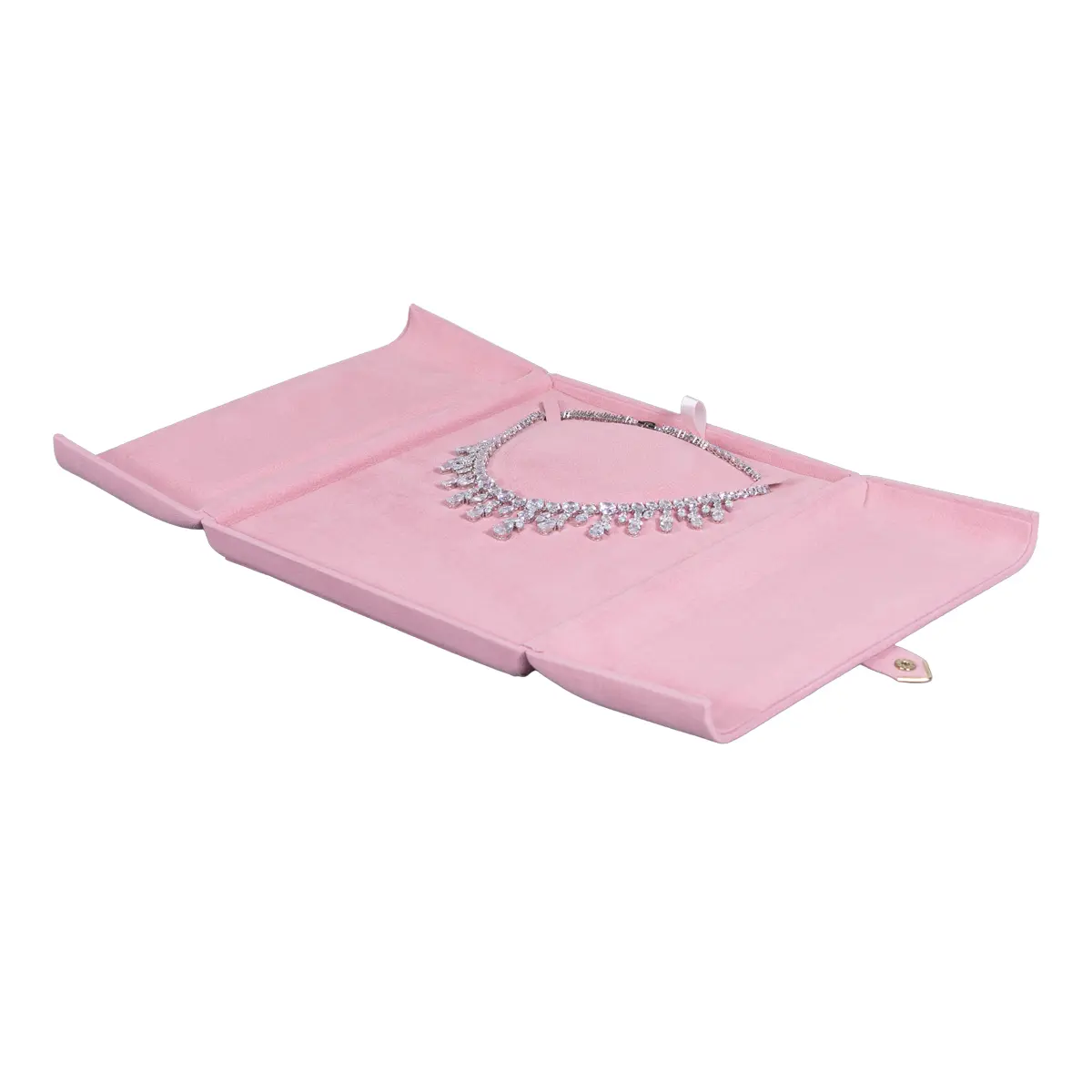 Jewellery box for necklace pink flat lay open with jewellery BXN84PI
