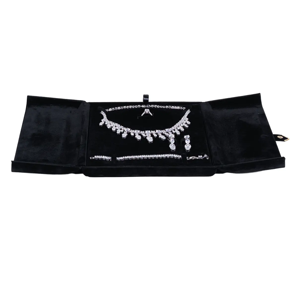 velvet jewelry set box black flat lay front with jewellery BXS34BL
