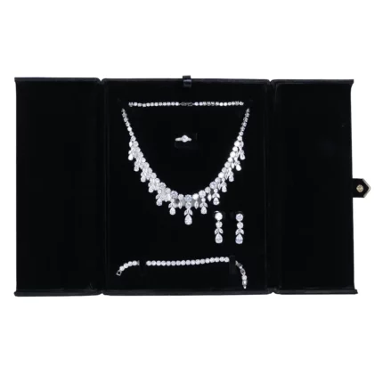 velvet jewelry set box black flat lay front with jewellery-BXS83BL