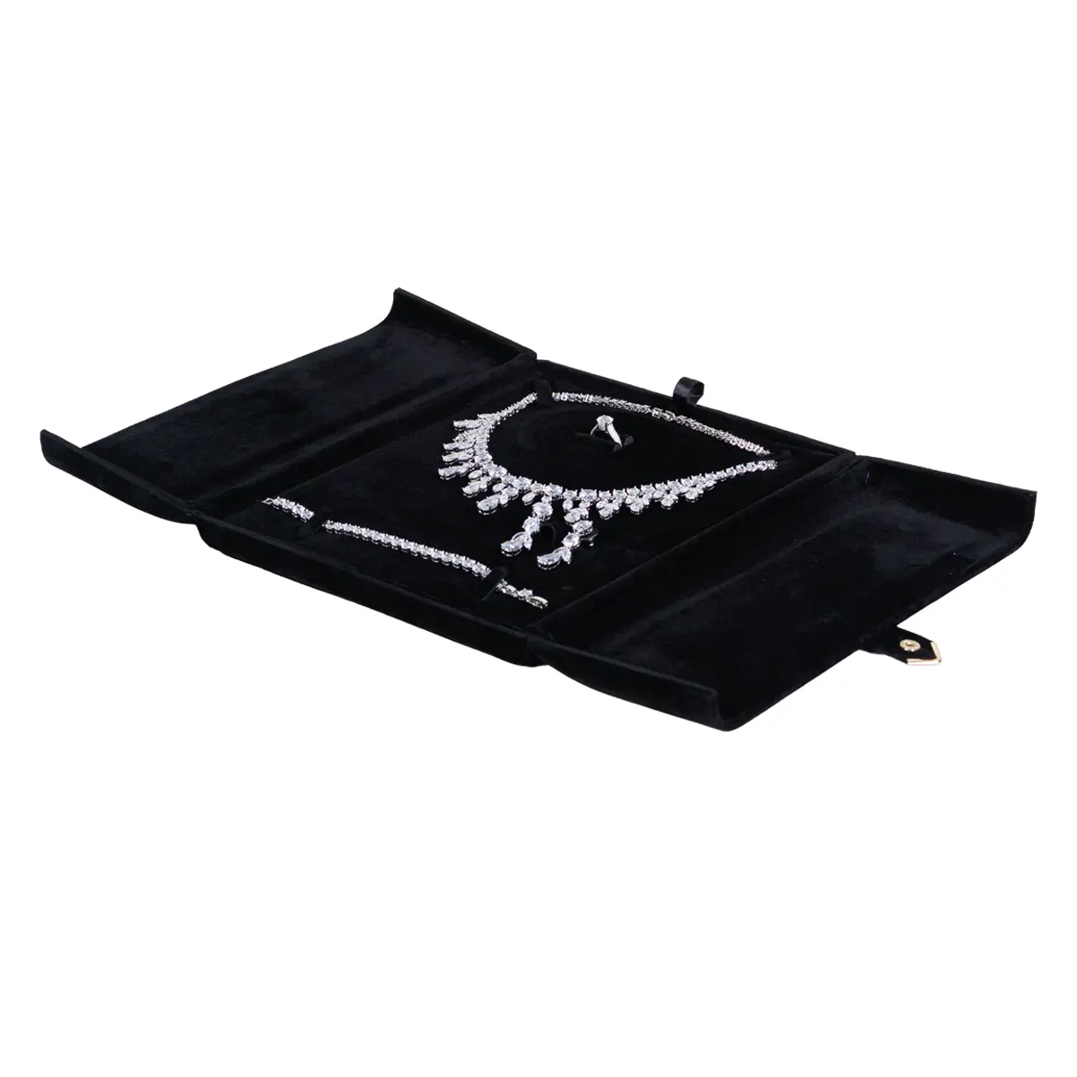 velvet jewelry set box black flat lay open with jewellery BXS83BL.