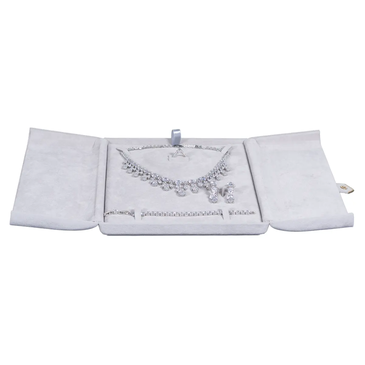 velvet jewelry set box grey flat lay front with jewellery BXS34GR