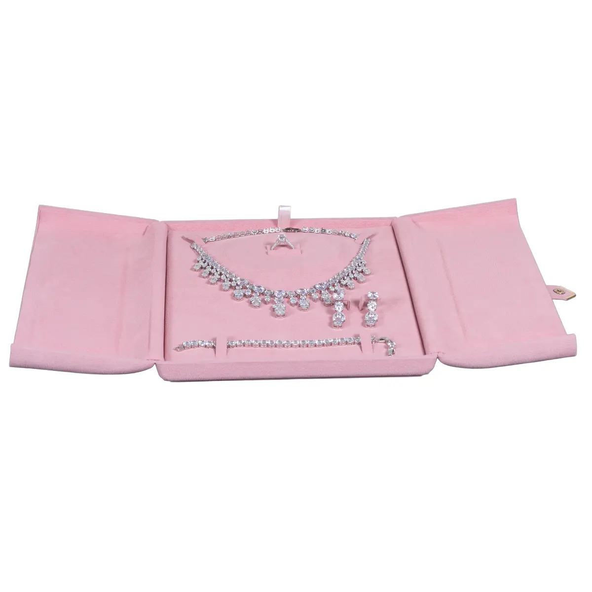 velvet jewelry set box pink flat lay front with jewellery BXS34PI