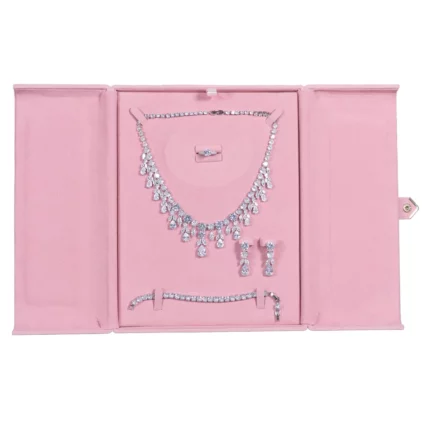 velvet jewelry set box pink flat lay front with jewellery BXS83PI