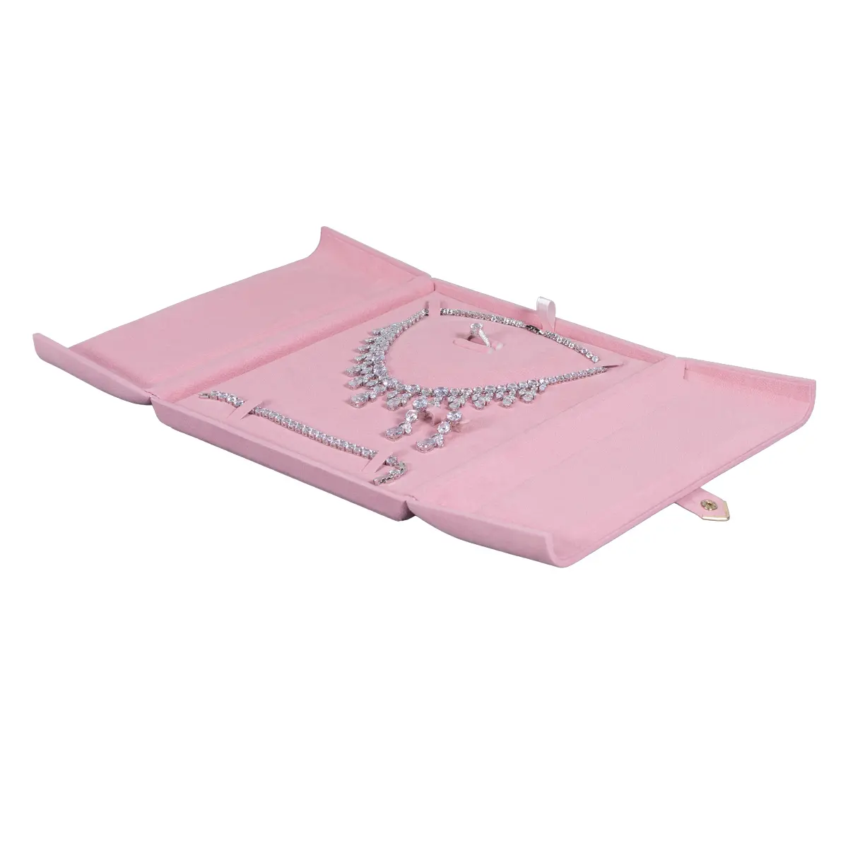 velvet jewelry set box pink flat lay open with jewellery BXS83PI