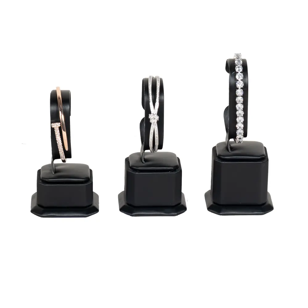 Bangle Stand leatherette 3set black front view with bangle BS89