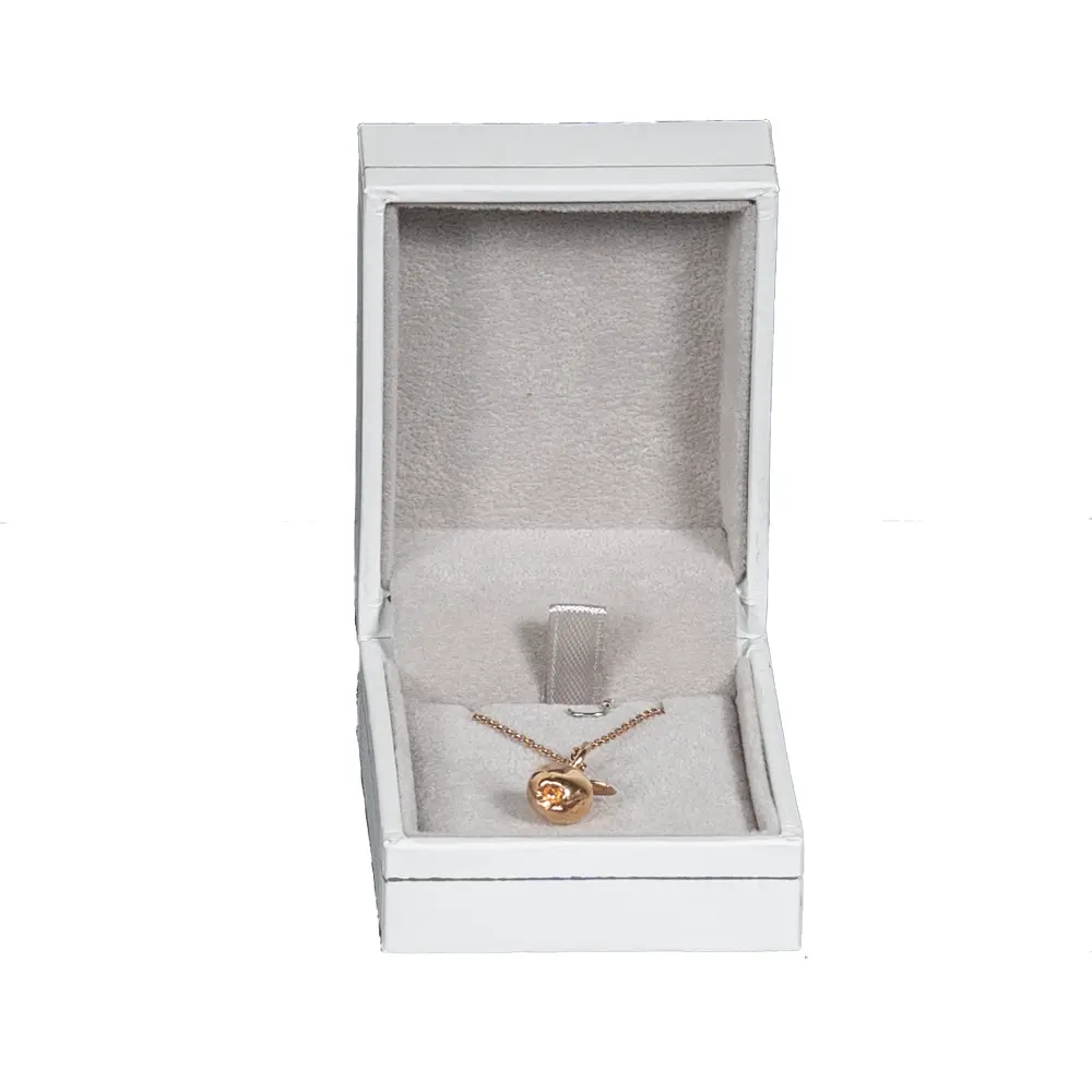 Necklace Packaging leather look paper white small open front view with necklace BXP84