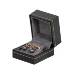 Small Earring Box leather look paper black open side view with earring BXE84