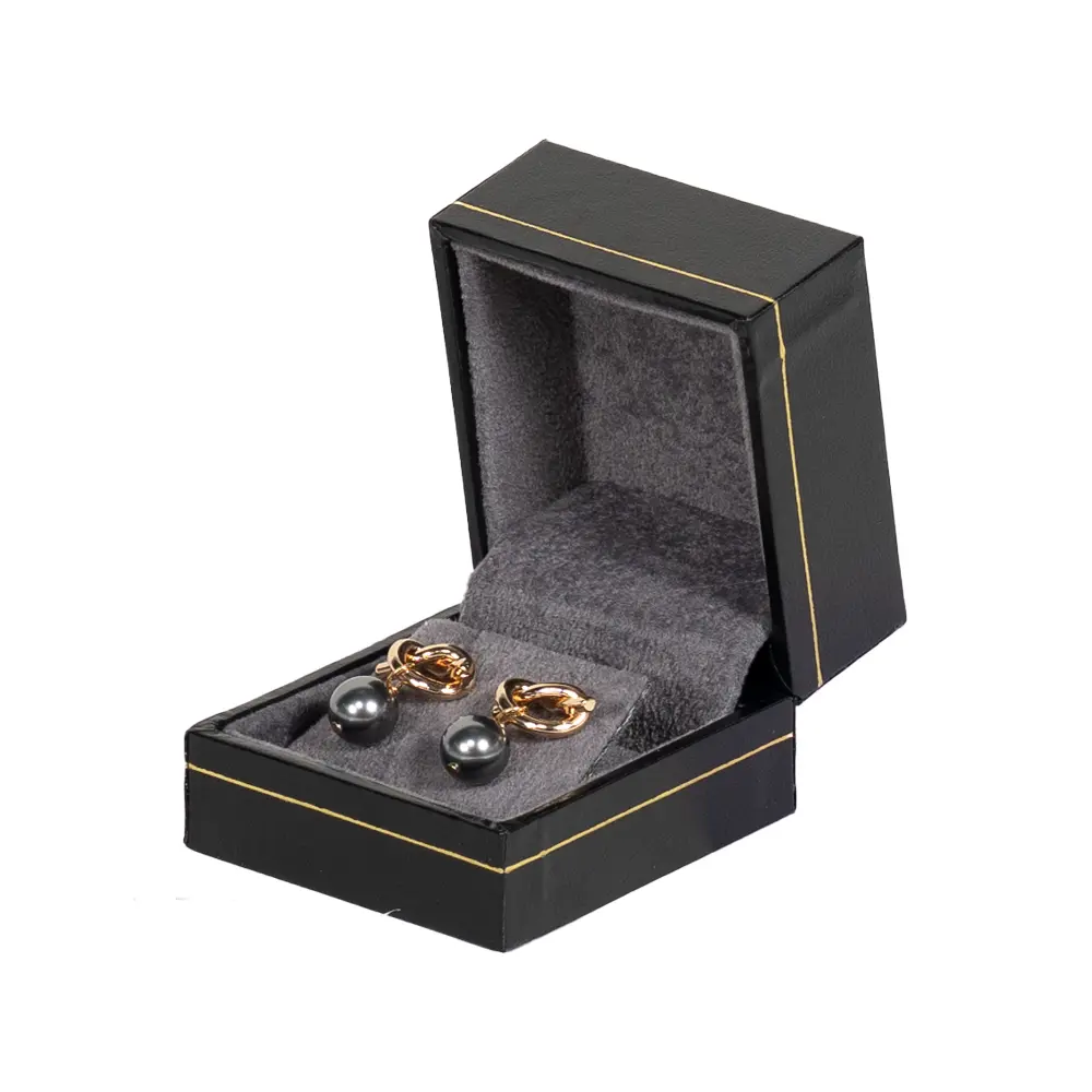 Small Earring Box leather look paper black open side view with earring BXE84