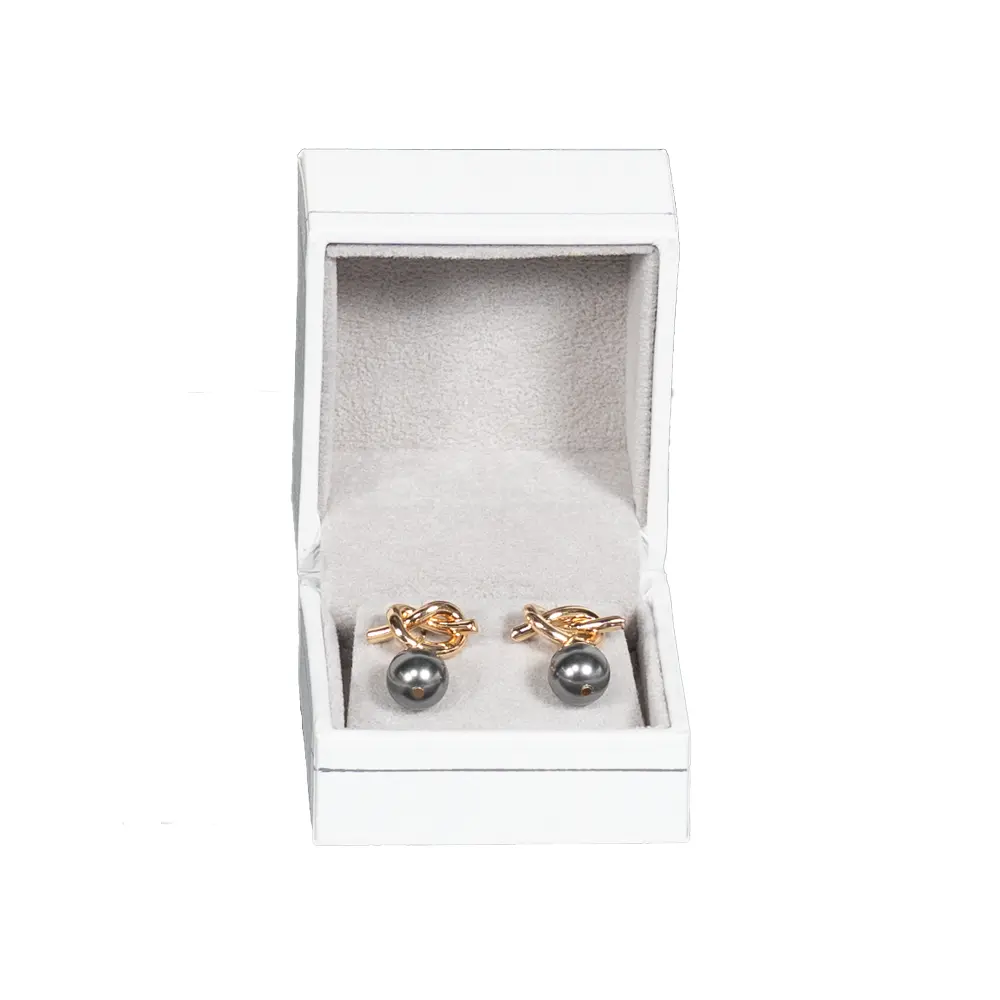 Small Earring Box leather look paper white open front view with earring BXE84