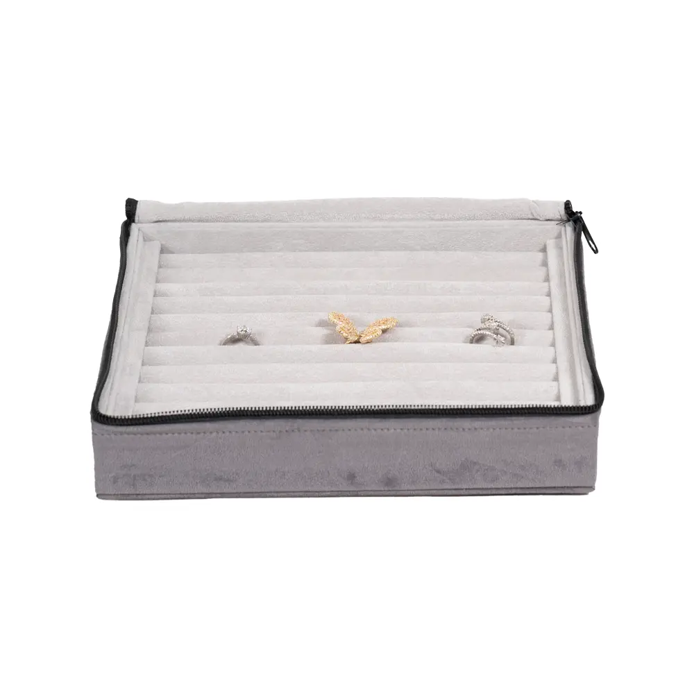 Large Travel Ring Case velvet open front view with jewellery ZTRR80DGGR