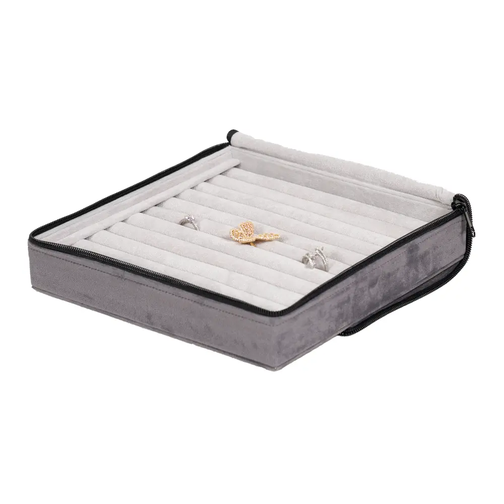 Large Travel Ring Case velvet open side view with jewellery ZTRR80DGGR