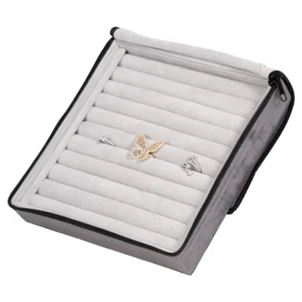 Large Travel Ring Case velvet open stand side view with jewellery ZTRR80DGGR