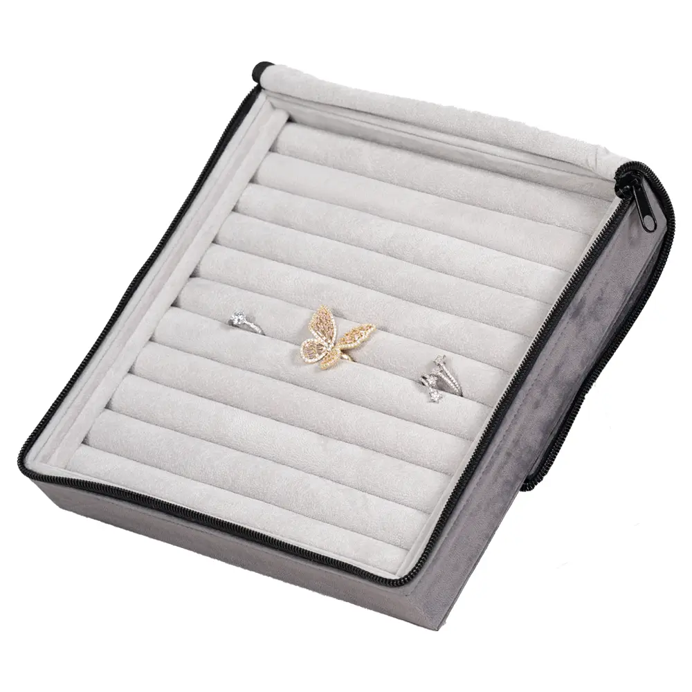 Large Travel Ring Case velvet open stand side view with jewellery ZTRR80DGGR