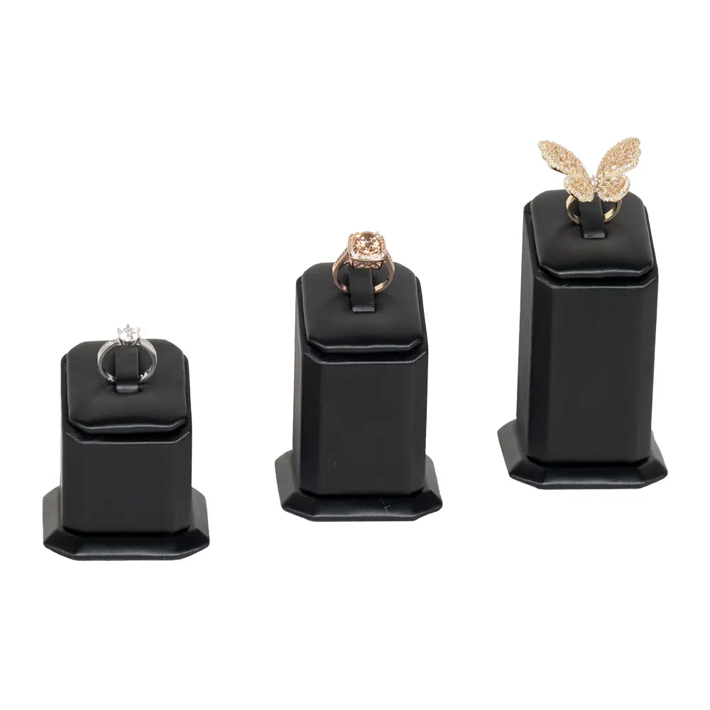 jewellery display holder ring 3in1 leatherette black front view with jewellery RS82LM