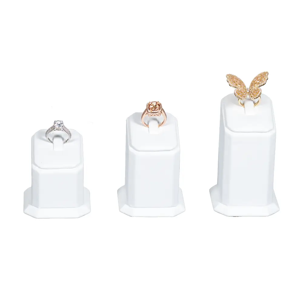 jewellery display holder ring 3in1 leatherette white front view with jewellery 02 RS82LMS