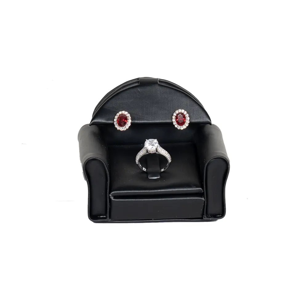 ring earring holder leatherette black front view with jewellery RES80S